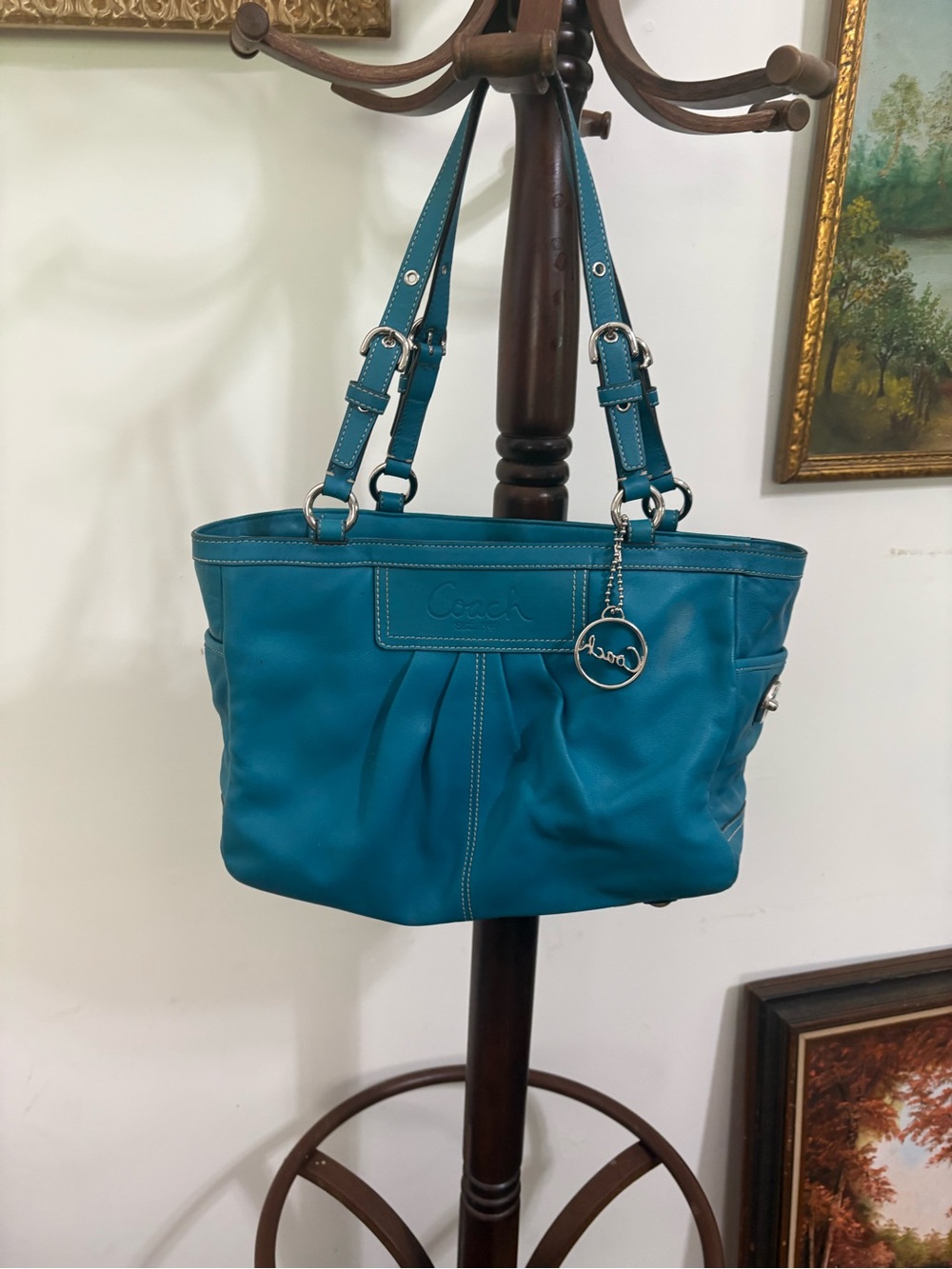 Coach Teal Leather Shoulder Bag with Signature Charm